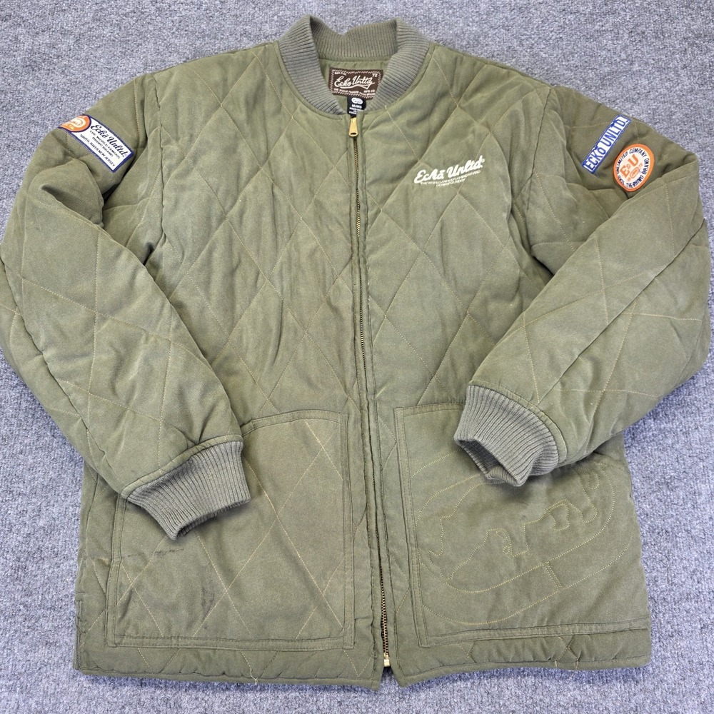 Vtg Ecko Unltd Jacket Mens Medium Olive Green Quilted‎ Bomber Patch Zip Up
